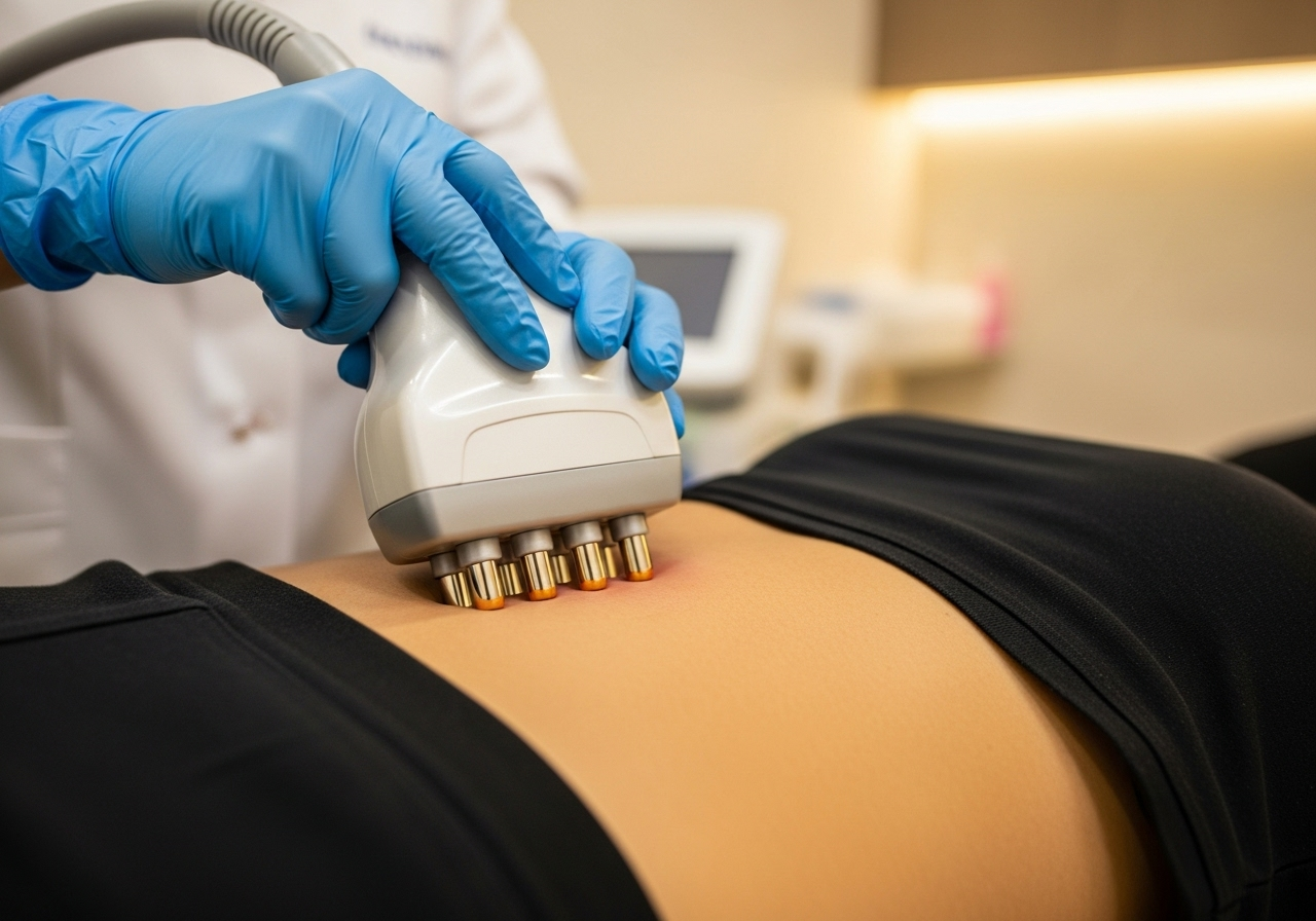 Radiofrequency RF skin tightening treatment on Indian patient's abdomen