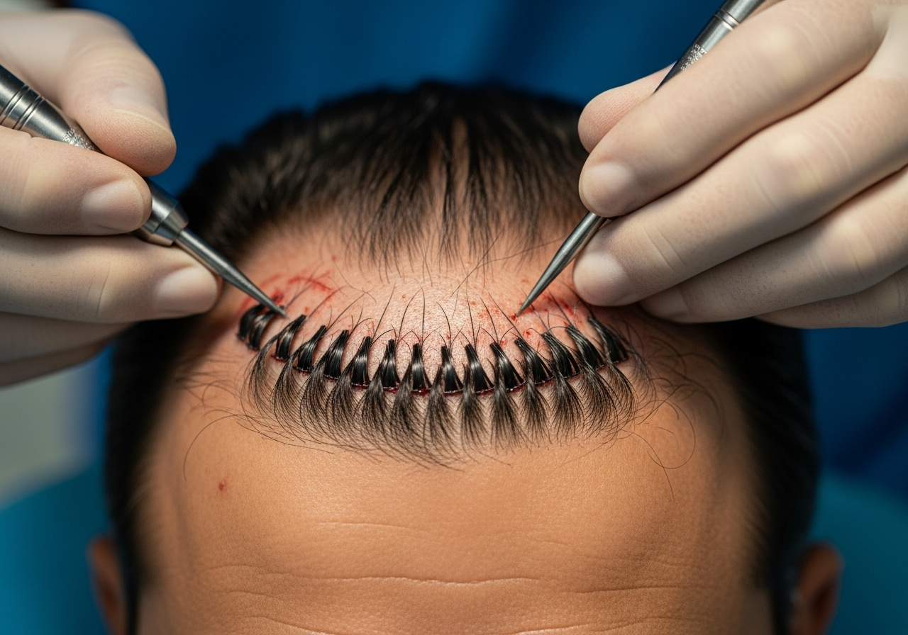 FUE hair transplant procedure on Indian patient scalp showing follicular extraction